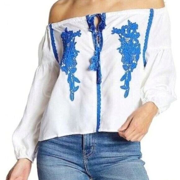 Revolve Line & Dot Size XS Blue and White Embroidery Off the Shoulder Blouse - Picture 1 of 10